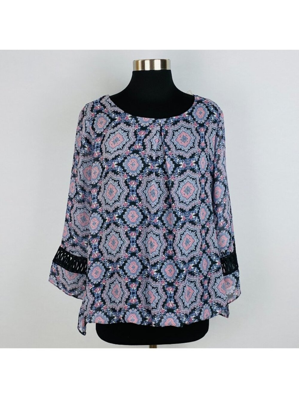 AGB Top Womens Geometric Kaleidoscope Bohemian Pretty Unique Bell Sleeve L *